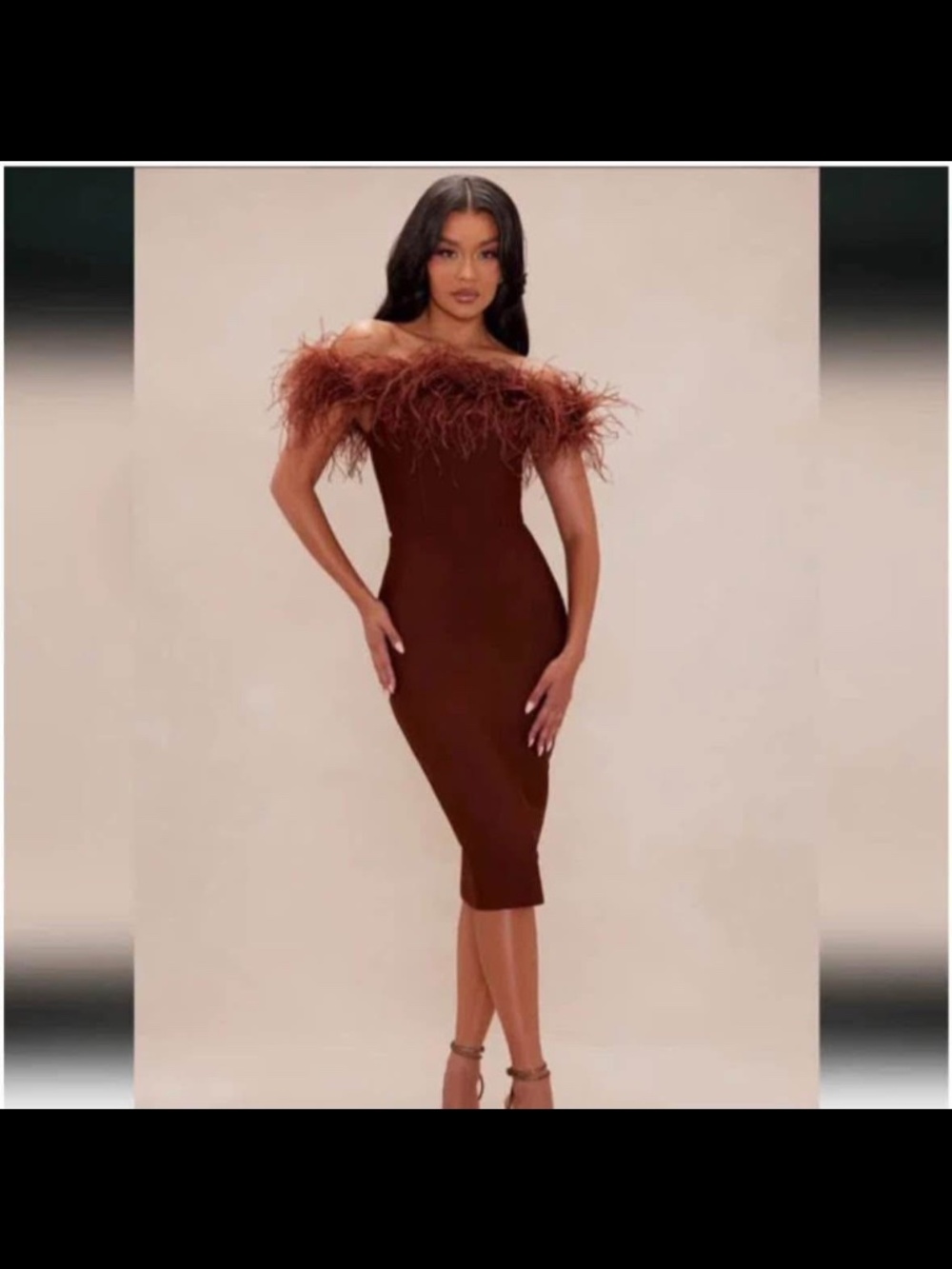 Brown feather bandage midi dress size xs